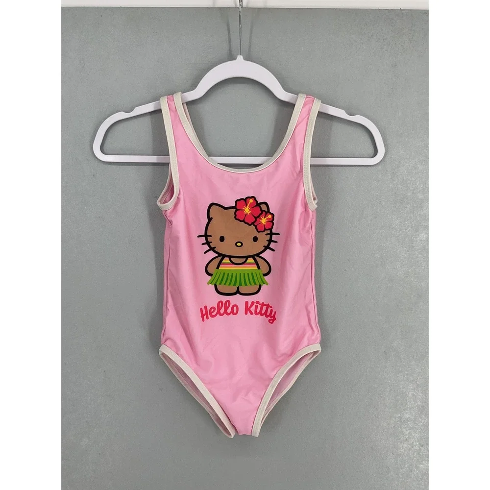 Hello Kitty Girls One Piece Swimsuit Hawaii Hula Tropical Pink M 7-8
